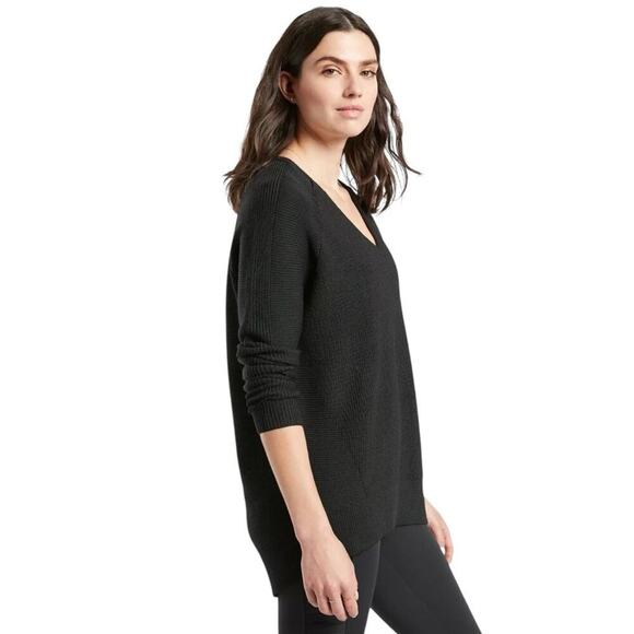 Athleta Women L Hanover V-Neck Merino Wool Blend Sweater Black Washable Slouchy - Picture 15 of 16